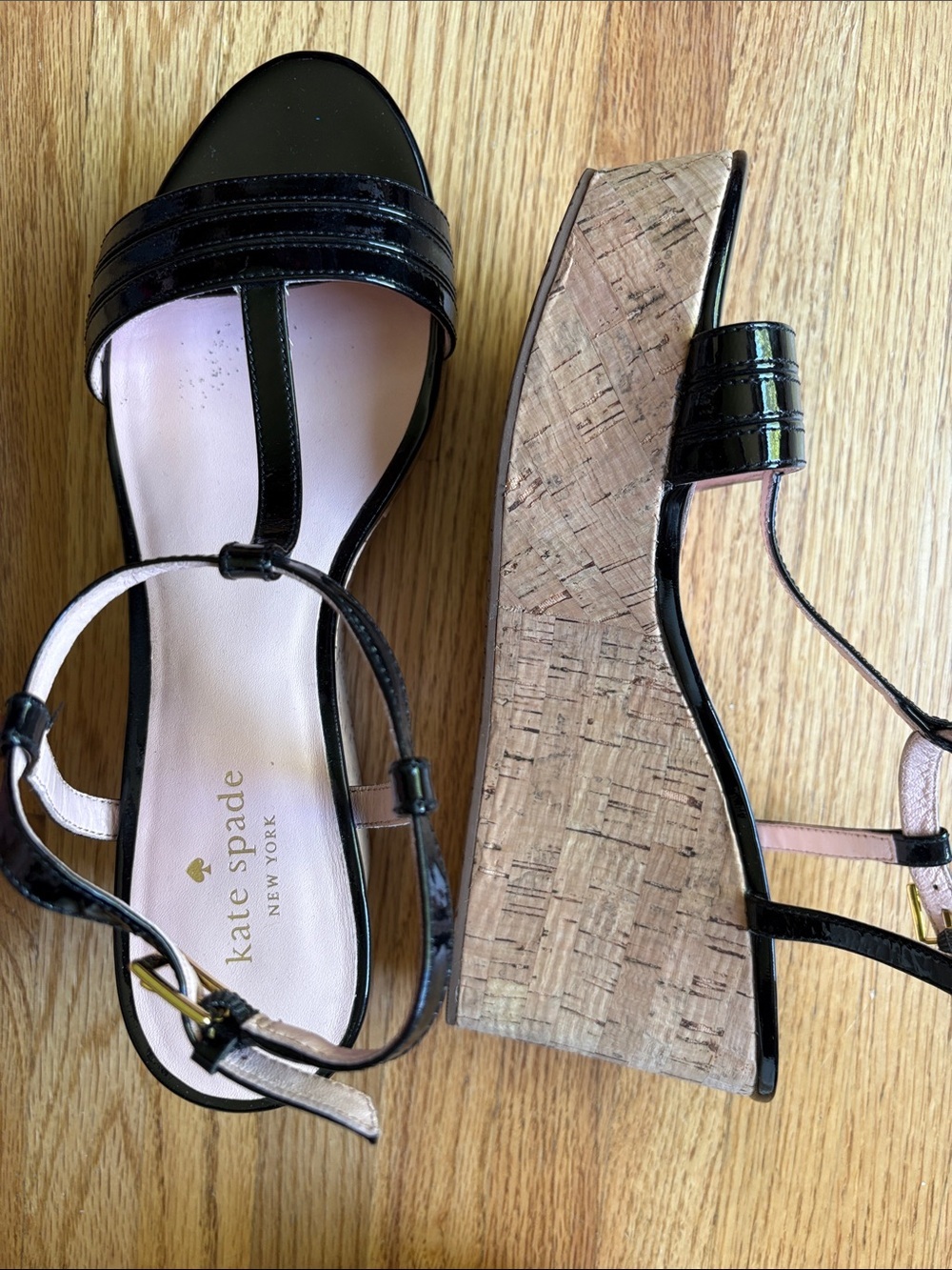 kate spade size 9 Black Patent Cork Wedge Sandals with Pink Insole